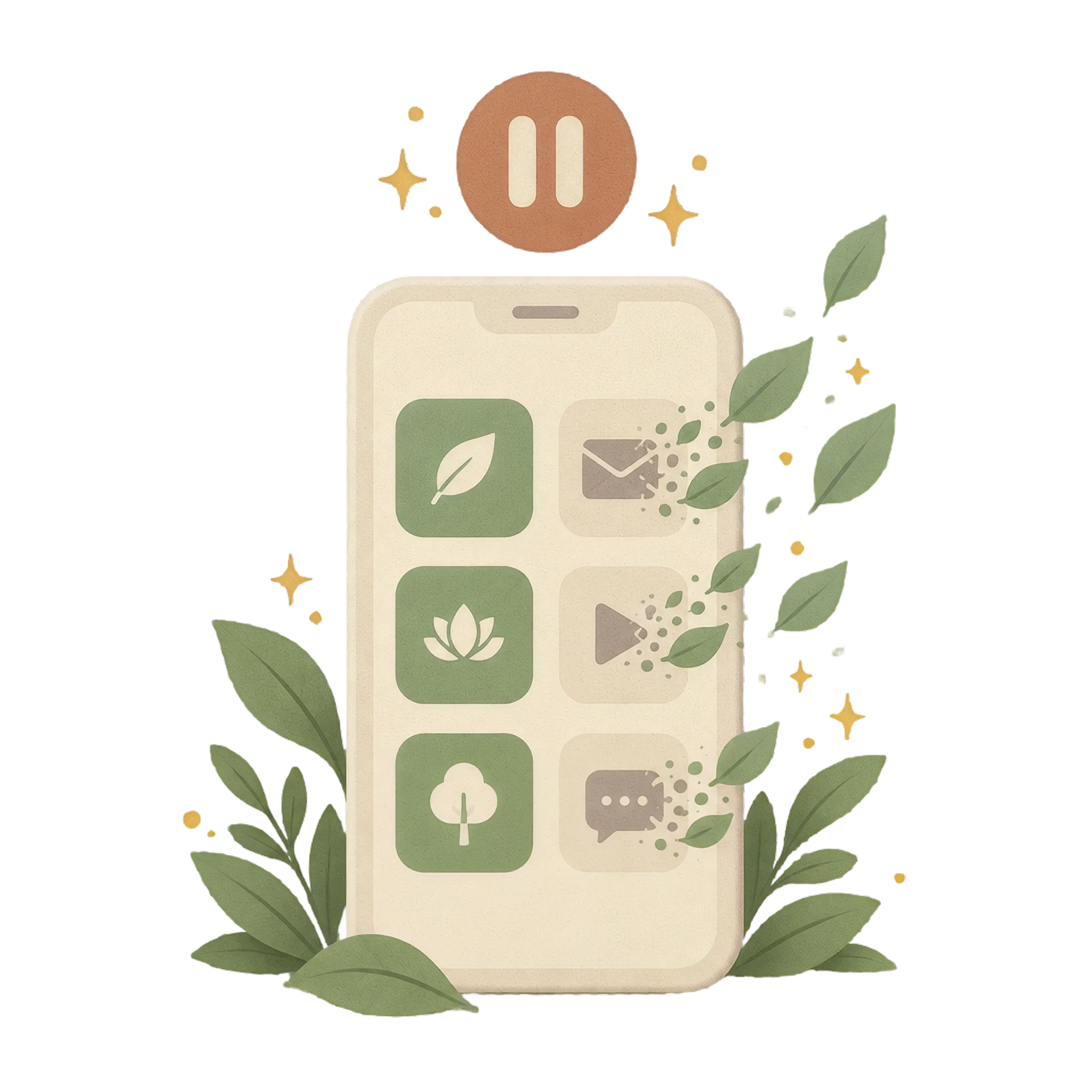 Phone with distracting apps dissolving into leaves — mindful app blocking