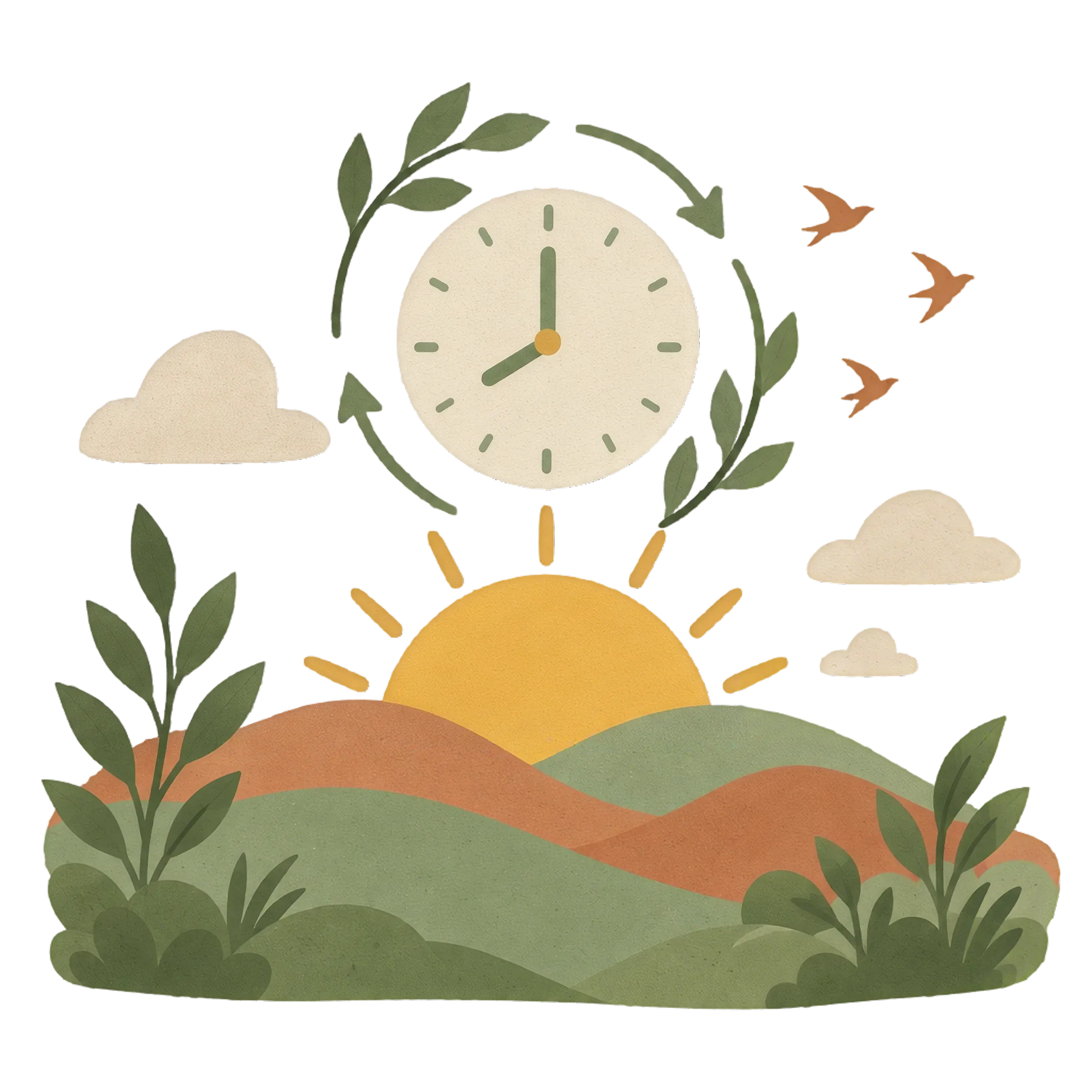 Clock with sunrise over hills — daily rhythms and routines
